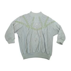 Vintage 80s Adolfo Sport Sage Green Rhinestone Embellished Sweatshirt L